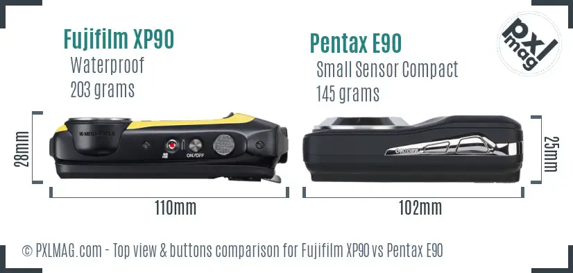 Fujifilm XP90 vs Pentax E90 top view buttons comparison Fujifilm XP90 vs Pentax E90 top view buttons comparison