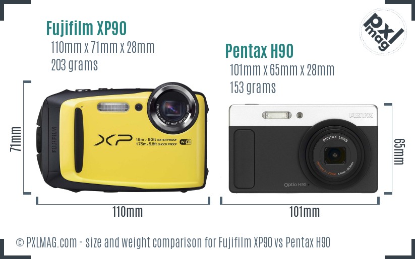 Fujifilm XP90 vs Pentax H90 size comparison