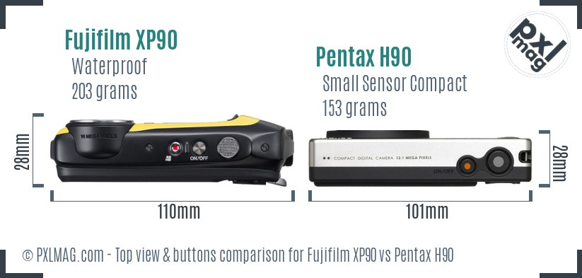 Fujifilm XP90 vs Pentax H90 top view buttons comparison