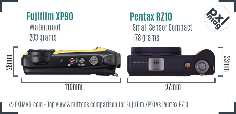 Fujifilm XP90 vs Pentax RZ10 top view buttons comparison