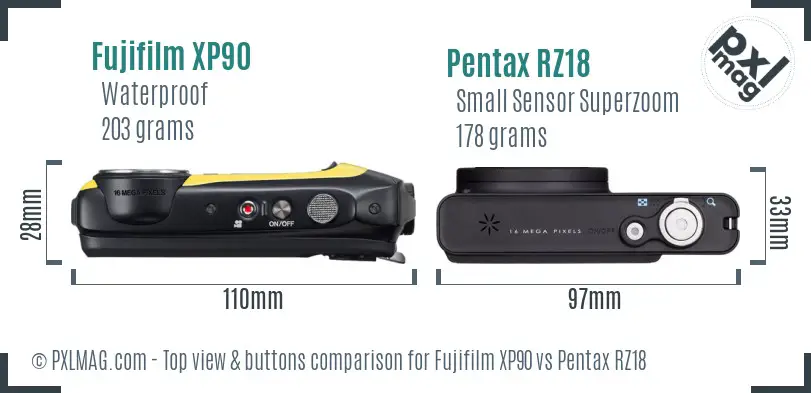 Fujifilm XP90 vs Pentax RZ18 top view buttons comparison Fujifilm XP90 vs Pentax RZ18 top view buttons comparison