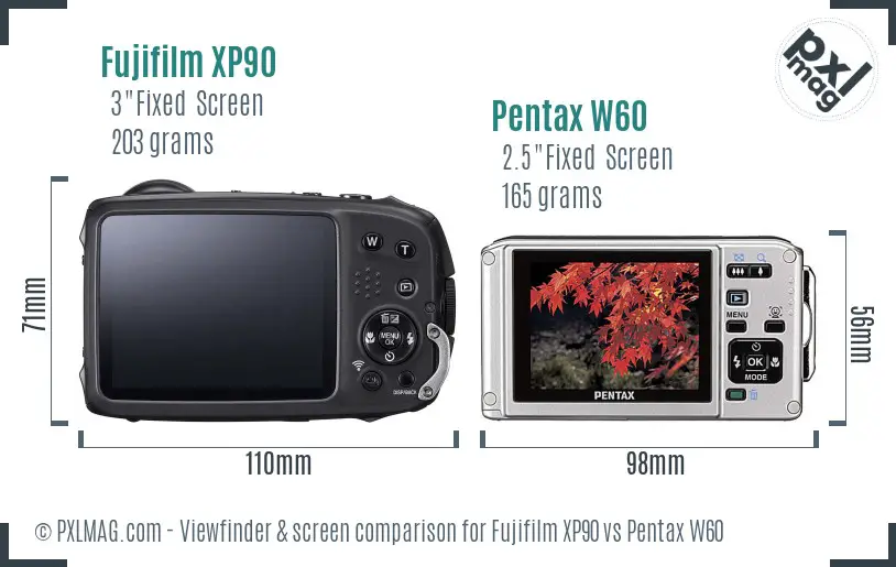 Fujifilm XP90 vs Pentax W60 Screen and Viewfinder comparison