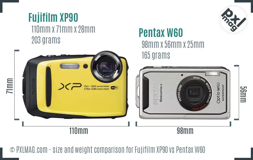 Fujifilm XP90 vs Pentax W60 size comparison