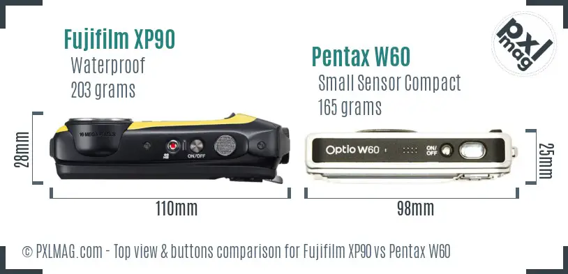 Fujifilm XP90 vs Pentax W60 top view buttons comparison