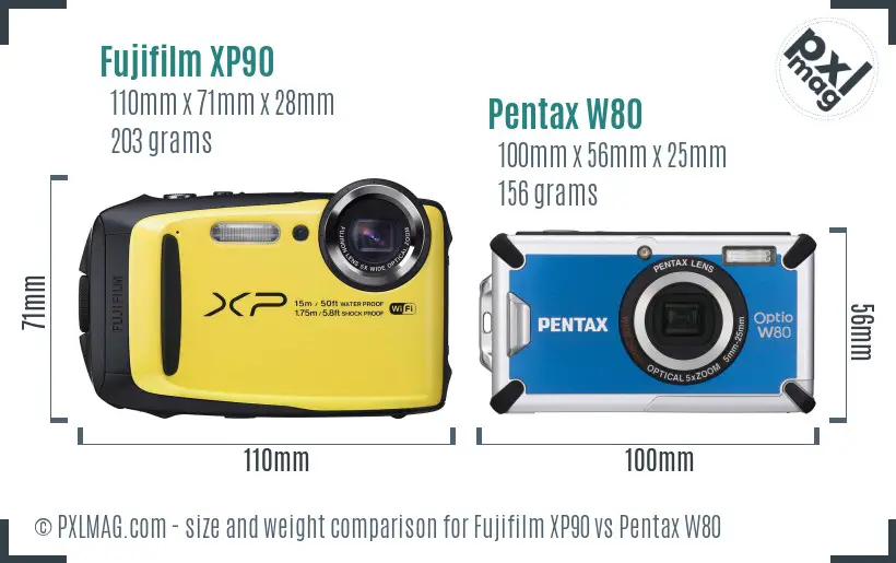 Fujifilm XP90 vs Pentax W80 size comparison