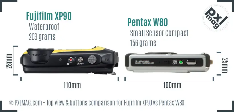 Fujifilm XP90 vs Pentax W80 top view buttons comparison