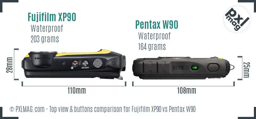 Fujifilm XP90 vs Pentax W90 top view buttons comparison Fujifilm XP90 vs Pentax W90 top view buttons comparison