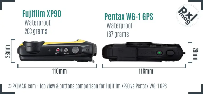 Fujifilm XP90 vs Pentax WG-1 GPS top view buttons comparison Fujifilm XP90 vs Pentax WG-1 GPS top view buttons comparison