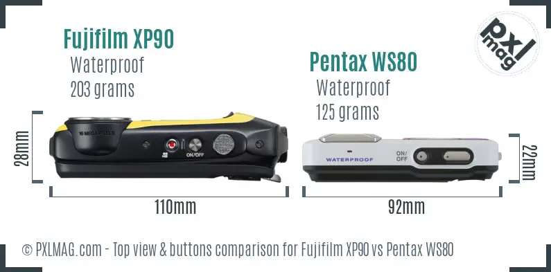 Fujifilm XP90 vs Pentax WS80 top view buttons comparison