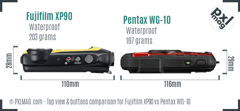 Fujifilm XP90 vs Pentax WG-10 top view buttons comparison Fujifilm XP90 vs Pentax WG-10 top view buttons comparison