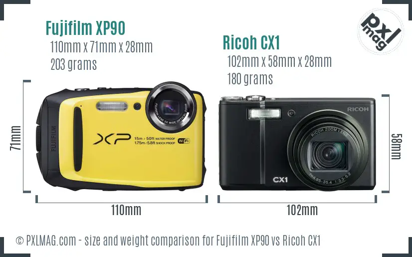 Fujifilm XP90 vs Ricoh CX1 size comparison