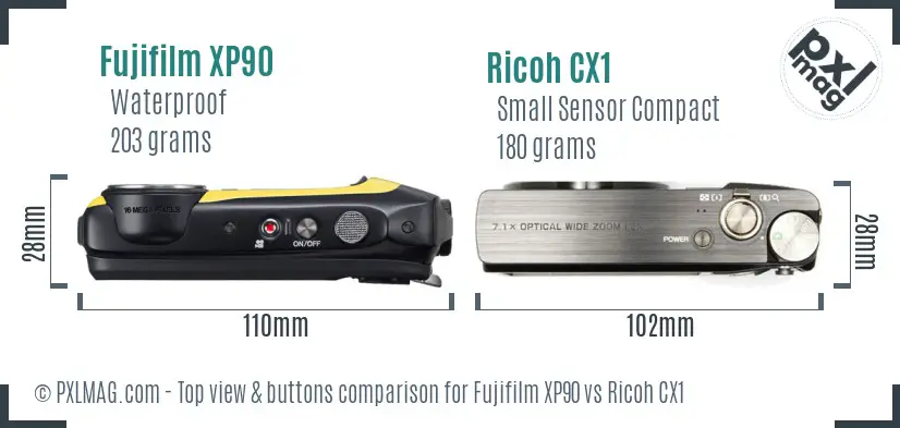 Fujifilm XP90 vs Ricoh CX1 top view buttons comparison