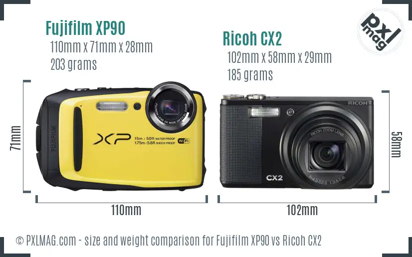 Fujifilm XP90 vs Ricoh CX2 size comparison