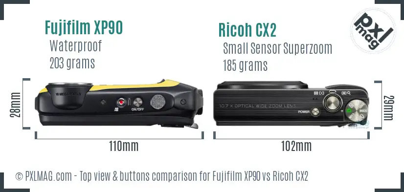 Fujifilm XP90 vs Ricoh CX2 top view buttons comparison