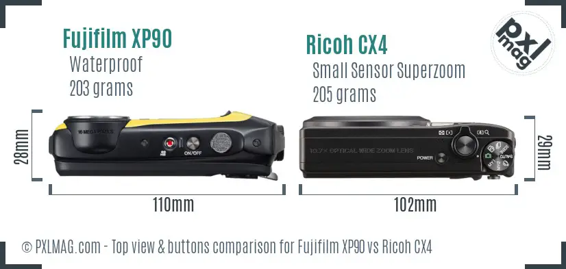Fujifilm XP90 vs Ricoh CX4 top view buttons comparison