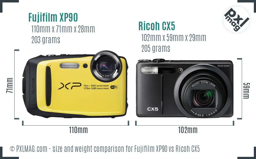 Fujifilm XP90 vs Ricoh CX5 size comparison