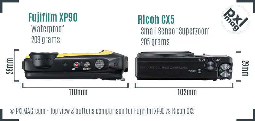 Fujifilm XP90 vs Ricoh CX5 top view buttons comparison