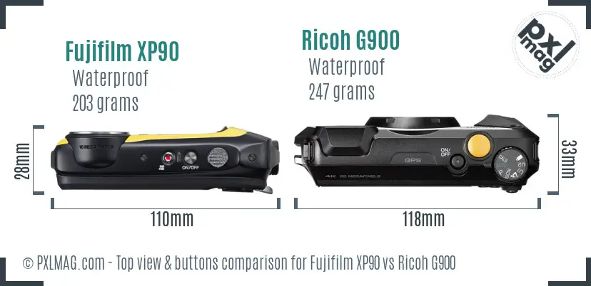 Fujifilm XP90 vs Ricoh G900 top view buttons comparison
