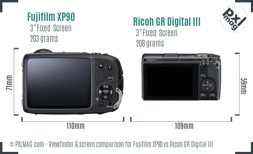 Fujifilm XP90 vs Ricoh GR Digital III Screen and Viewfinder comparison