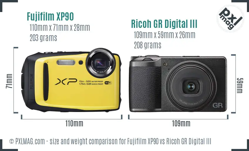 Fujifilm XP90 vs Ricoh GR Digital III size comparison