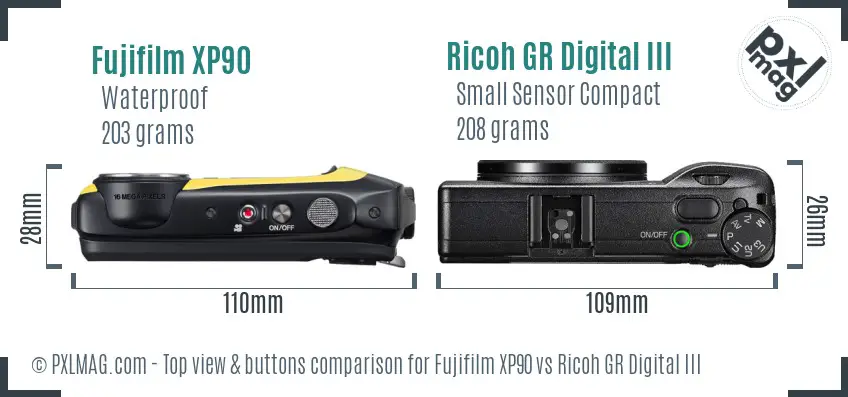 Fujifilm XP90 vs Ricoh GR Digital III top view buttons comparison