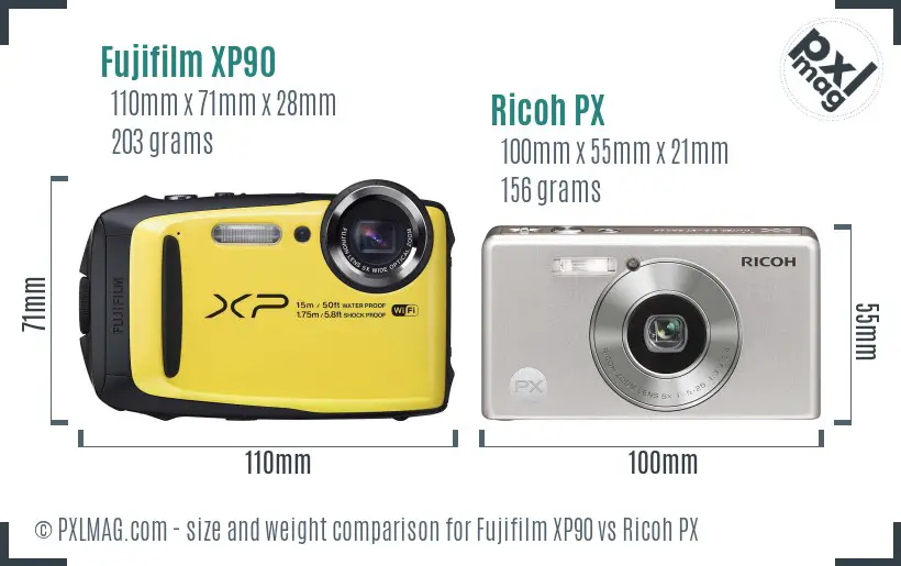 Fujifilm XP90 vs Ricoh PX size comparison