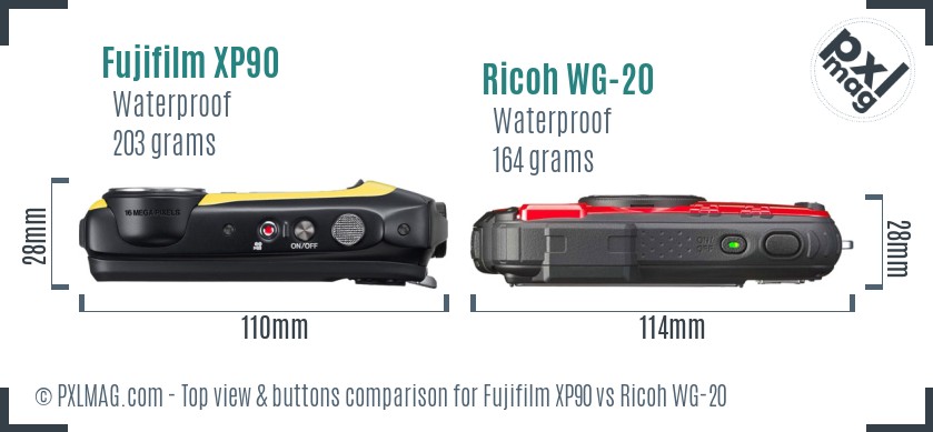 Fujifilm XP90 vs Ricoh WG-20 top view buttons comparison