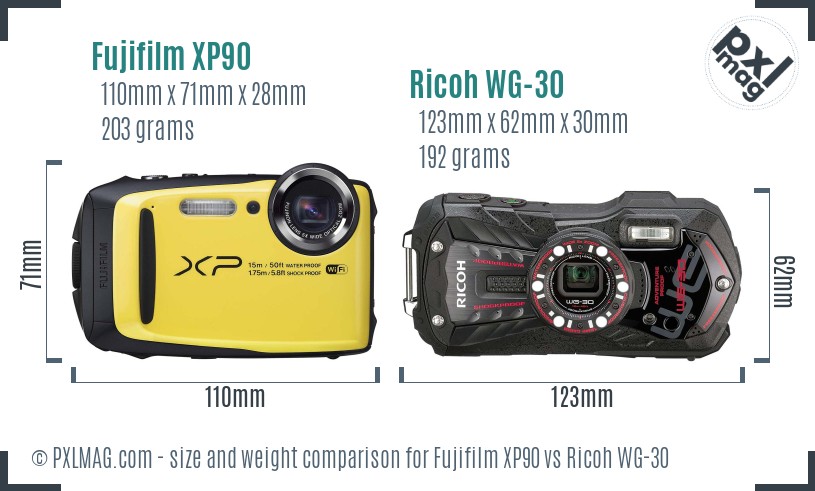 Fujifilm XP90 vs Ricoh WG-30 size comparison