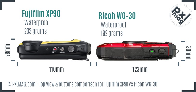 Fujifilm XP90 vs Ricoh WG-30 top view buttons comparison