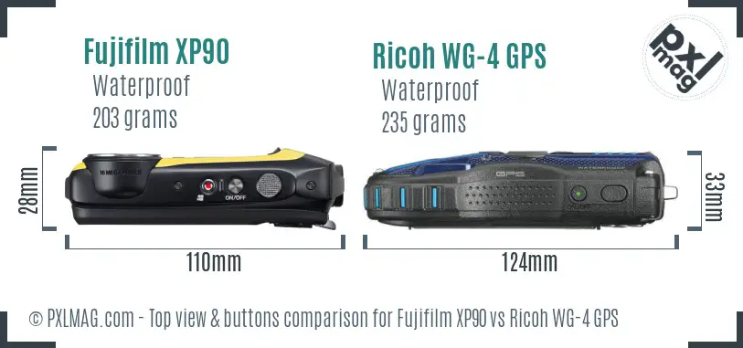 Fujifilm XP90 vs Ricoh WG-4 GPS top view buttons comparison Fujifilm XP90 vs Ricoh WG-4 GPS top view buttons comparison