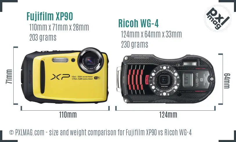 Fujifilm XP90 vs Ricoh WG-4 size comparison