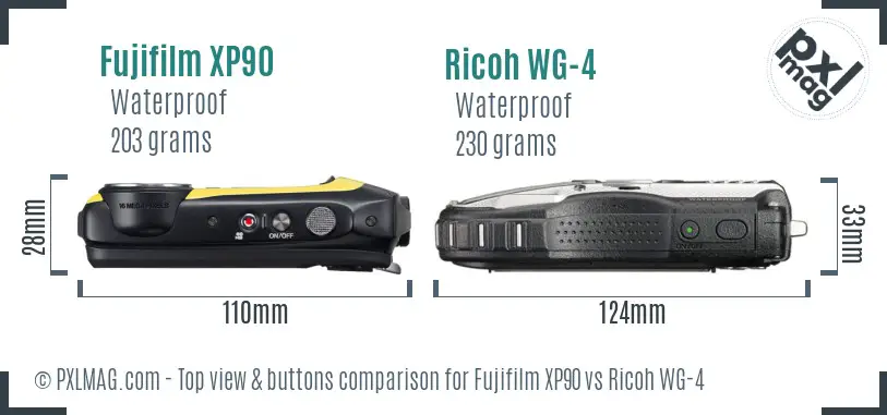 Fujifilm XP90 vs Ricoh WG-4 top view buttons comparison