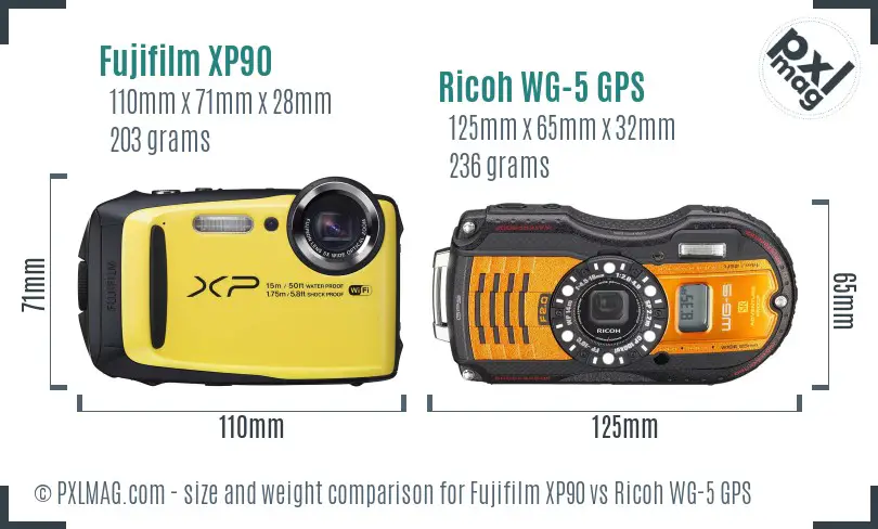 Fujifilm XP90 vs Ricoh WG-5 GPS size comparison