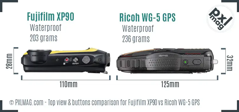 Fujifilm XP90 vs Ricoh WG-5 GPS top view buttons comparison