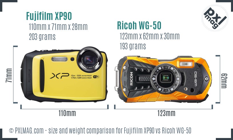 Fujifilm XP90 vs Ricoh WG-50 size comparison