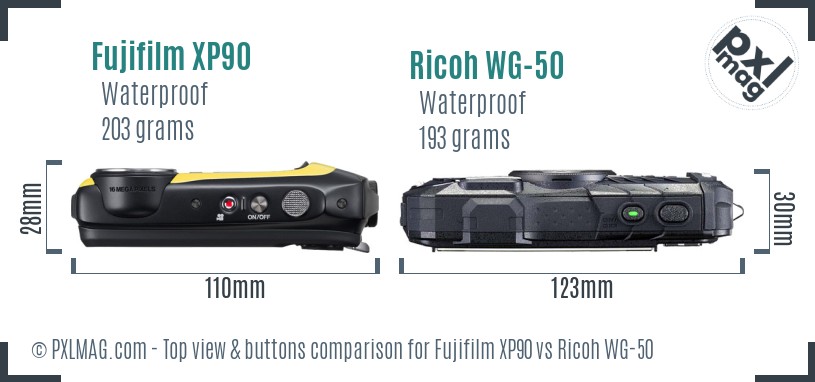Fujifilm XP90 vs Ricoh WG-50 top view buttons comparison