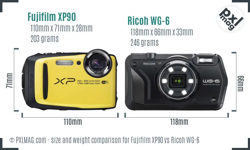 Fujifilm XP90 vs Ricoh WG-6 size comparison