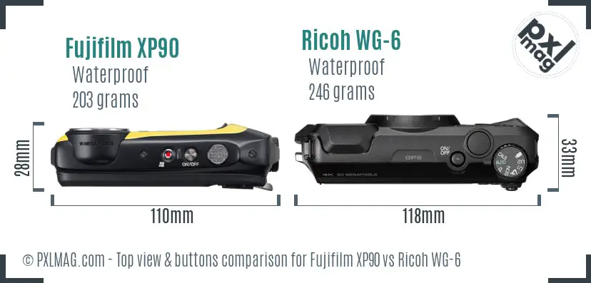 Fujifilm XP90 vs Ricoh WG-6 top view buttons comparison