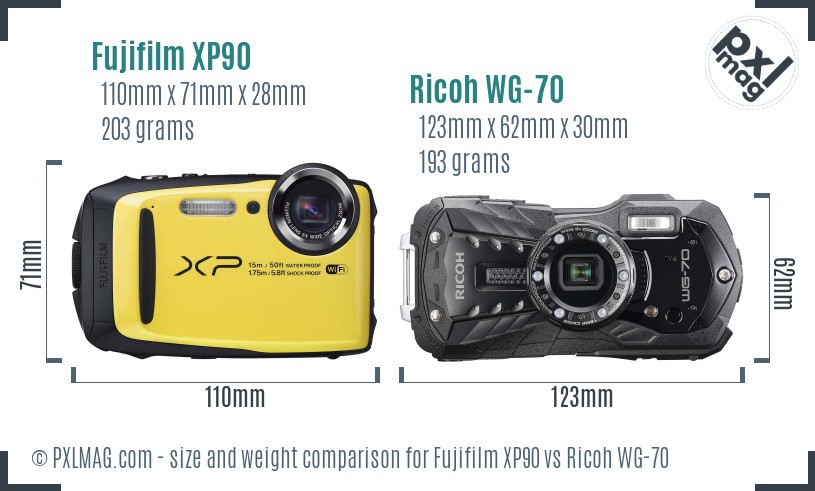 Fujifilm XP90 vs Ricoh WG-70 size comparison