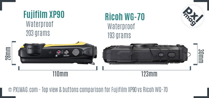 Fujifilm XP90 vs Ricoh WG-70 top view buttons comparison