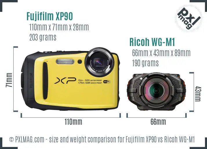 Fujifilm XP90 vs Ricoh WG-M1 size comparison