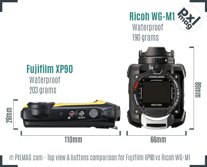 Fujifilm XP90 vs Ricoh WG-M1 top view buttons comparison