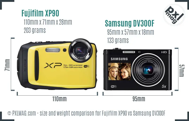 Fujifilm XP90 vs Samsung DV300F size comparison