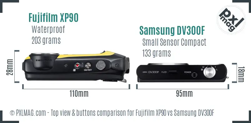 Fujifilm XP90 vs Samsung DV300F top view buttons comparison