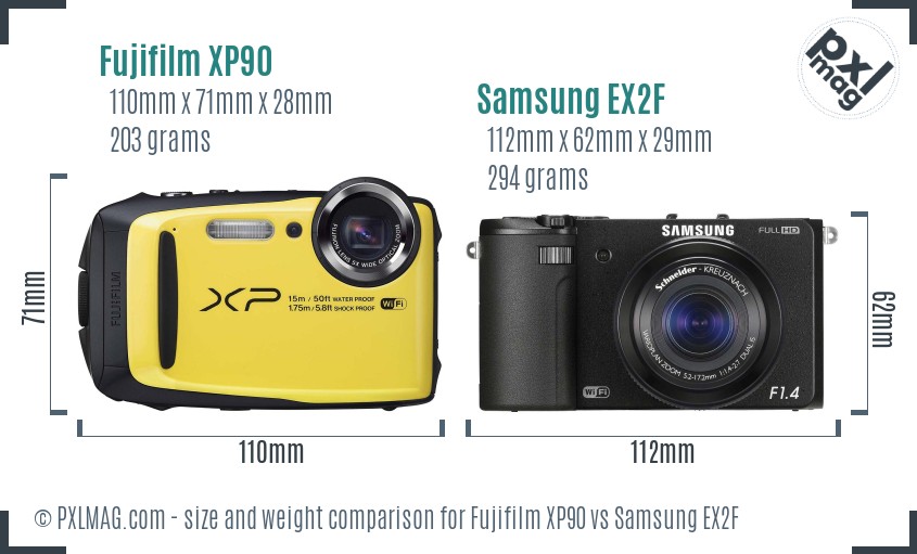 Fujifilm XP90 vs Samsung EX2F size comparison