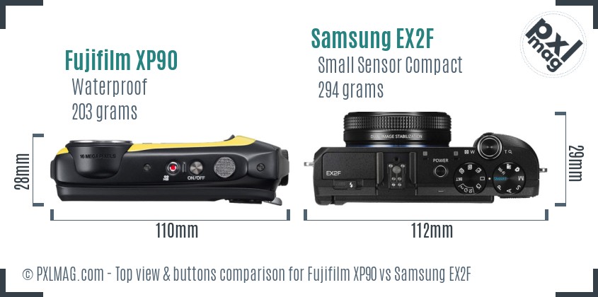 Fujifilm XP90 vs Samsung EX2F top view buttons comparison