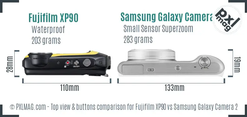 Fujifilm XP90 vs Samsung Galaxy Camera 2 top view buttons comparison