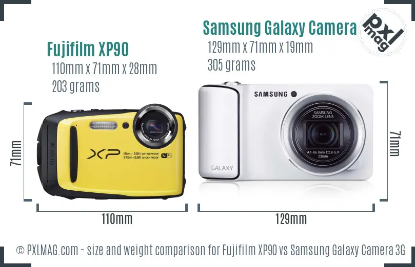 Fujifilm XP90 vs Samsung Galaxy Camera 3G size comparison