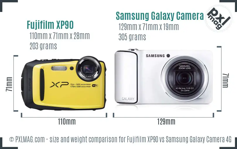 Fujifilm XP90 vs Samsung Galaxy Camera 4G size comparison