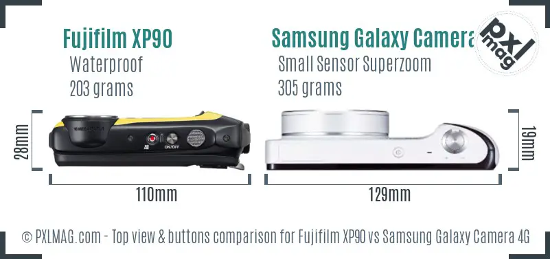 Fujifilm XP90 vs Samsung Galaxy Camera 4G top view buttons comparison